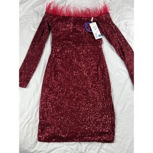 Mantik Prime Burgundy Sequin Feather‎ Off Shoulder Long Sleeve Bodycon Dress M